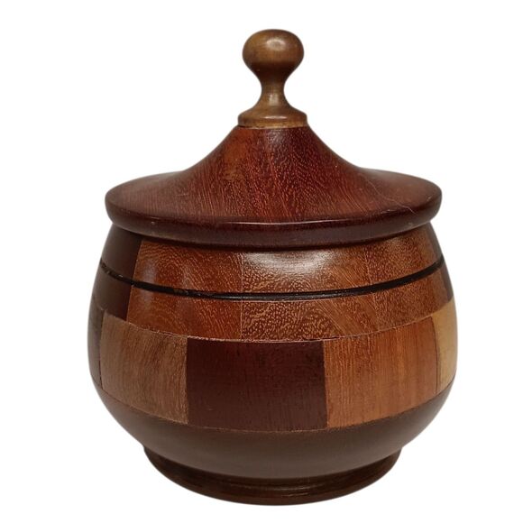 Vintage Round Inlaid Wooden Bowl Trinket  Dish With Lid MCM Parquetry 3.5"x3.5" - Picture 2 of 11